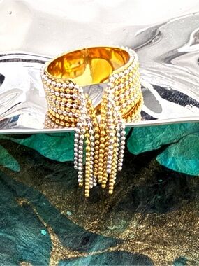 Gold and Silver Beaded Fringe Cuff Ring - Flirty & Adjustable